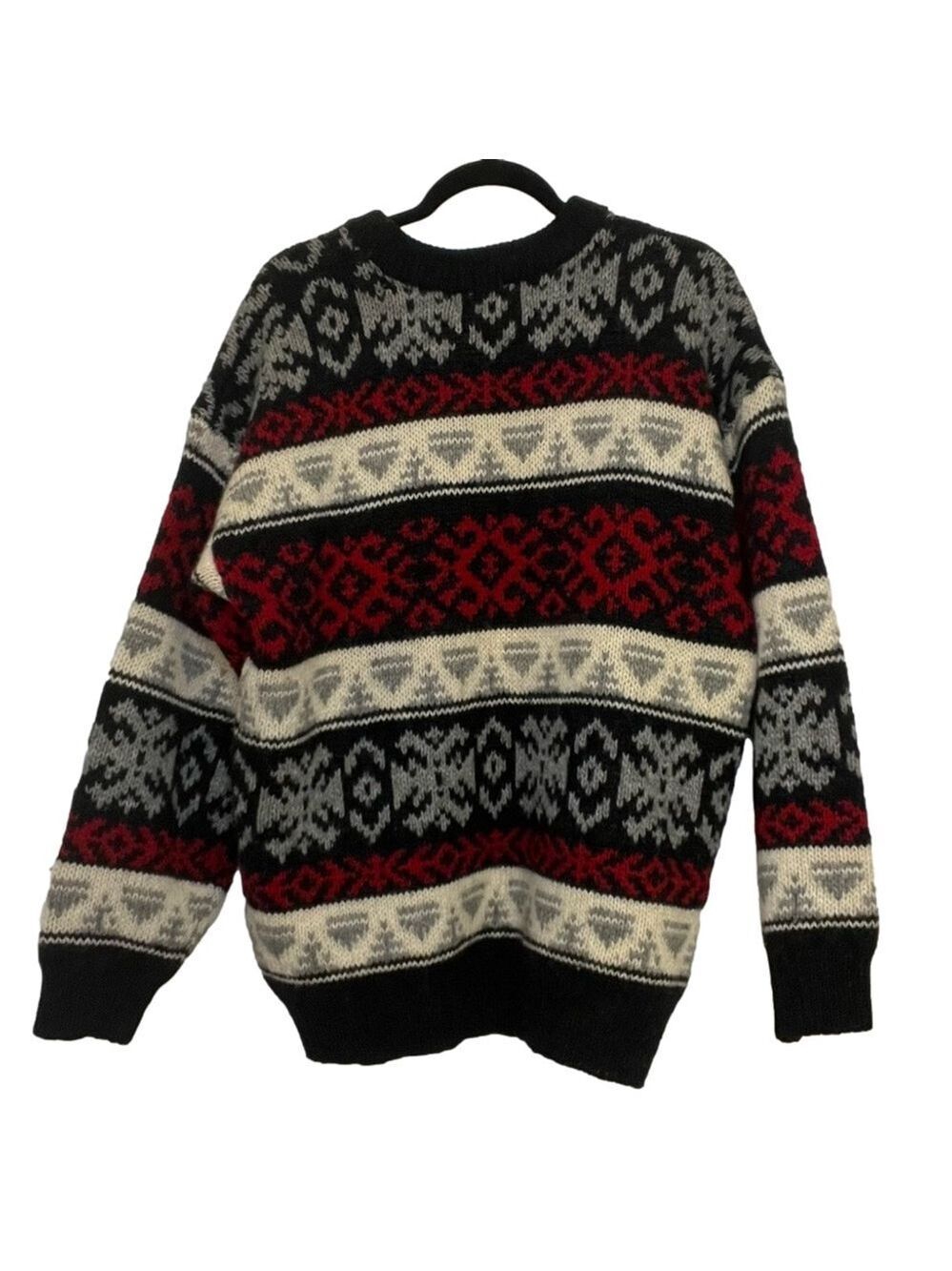 VINTAGE 100% Virgin Wool Pullover Crew Neck Sweater Black Cream Grey Red Unisex - Picture 6 of 11